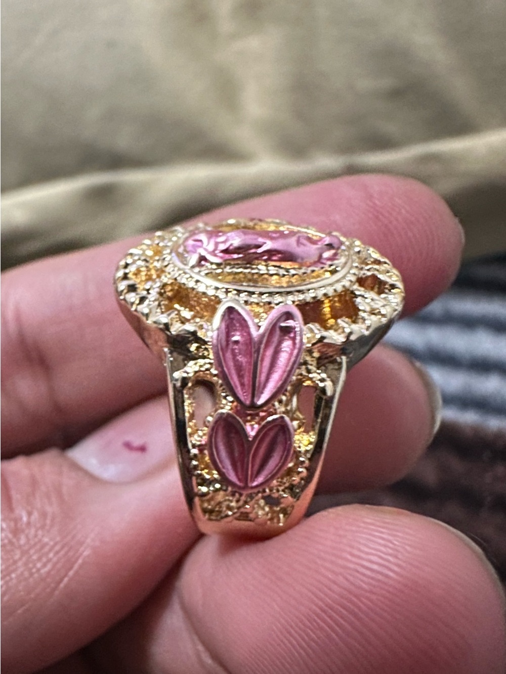 Gold Tone Pink Heart Filigree Statement Ring - Women Jewelry